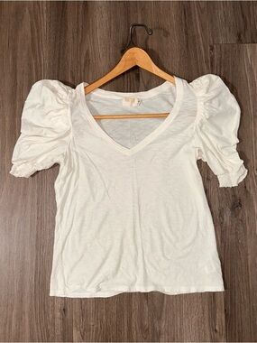 Nation LTD White V-Neck Celine Puff Sleeve Tee Deep V Neckline Top